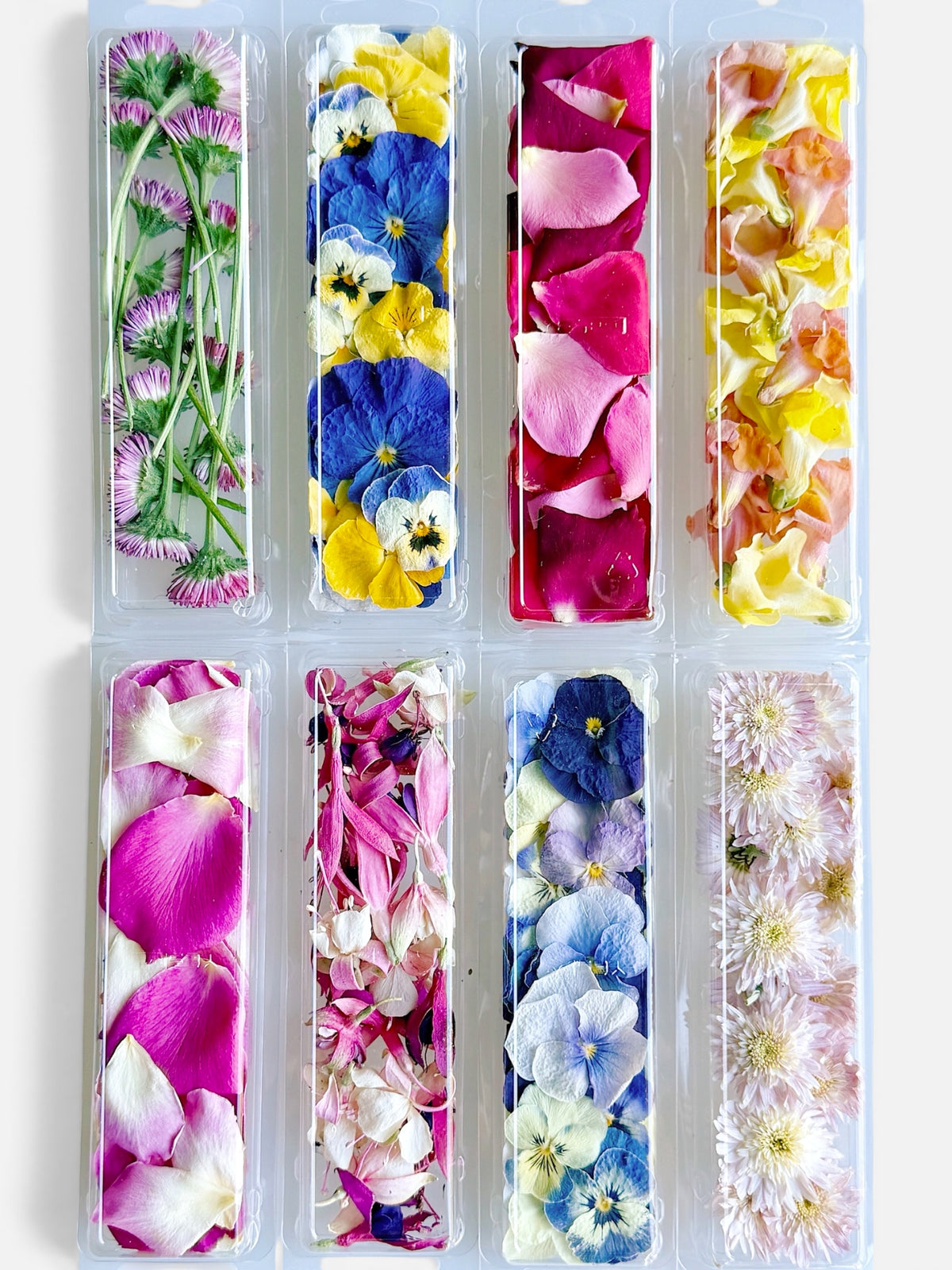 Full set of petite freeze dried edible flowers in pastel and vibrant colours.