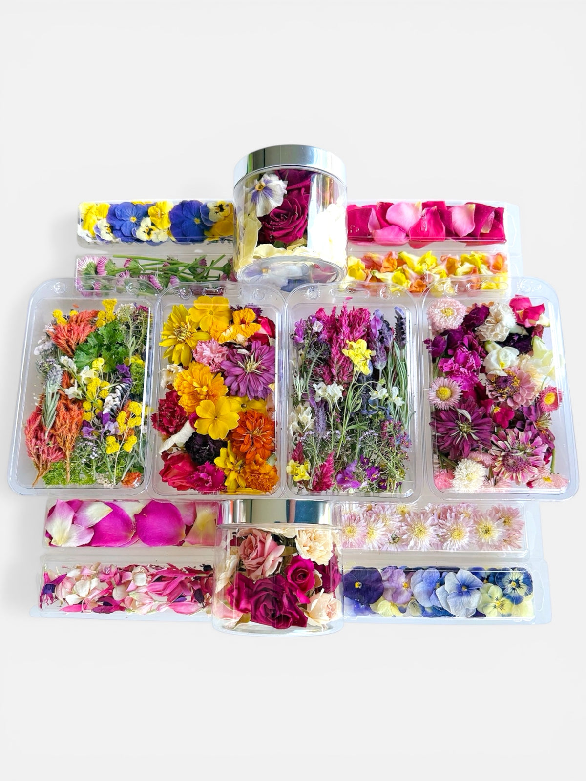 14 packets of colourful freeze dried edible flowers.