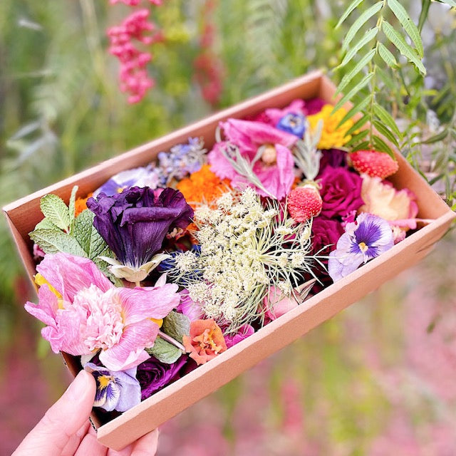 Bespoke Bloomish Box collection of freeze dried edible flowers curated monthly by Bloomish.