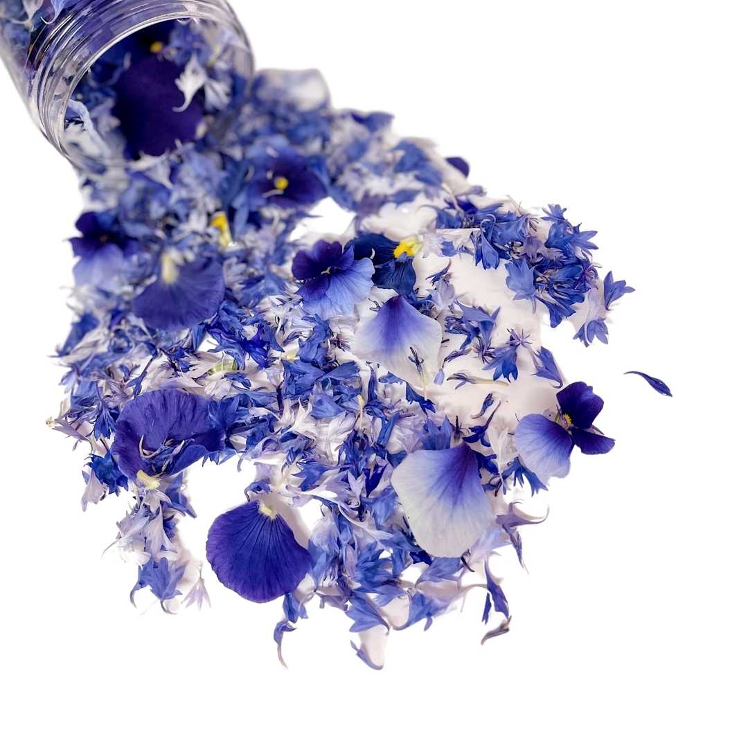Blue freeze dried edible flower confetti petals.
