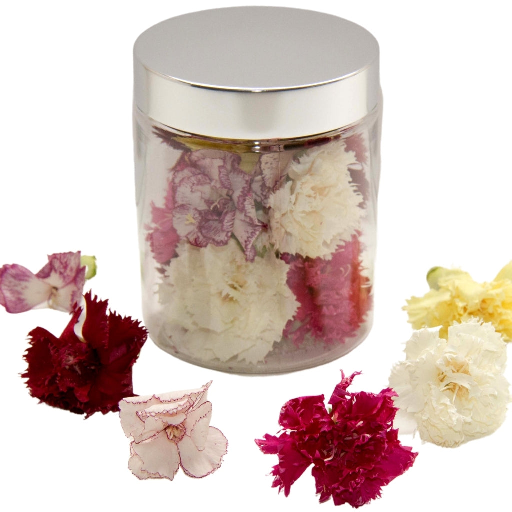 Jar of freeze dried edible carnations from Bloomish.