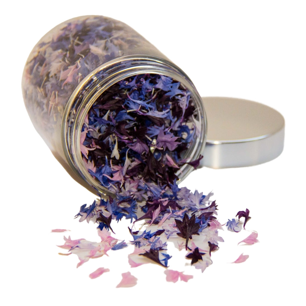 Blue, pink, aubergine and white cornflower petals for botanical baking.