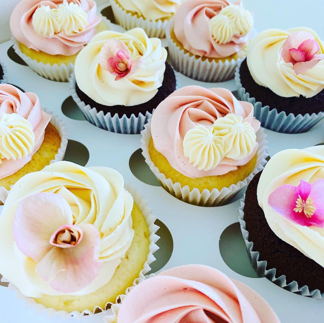 Vanilla and chocolate cupcakes by Kylie Farinelli embellished in Bloomish freeze dried edible begonia.