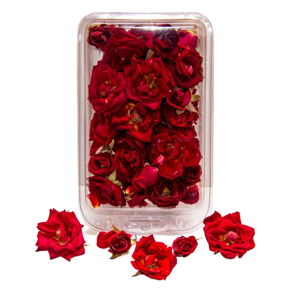 Deep red miniature rose buds - edible flowers.